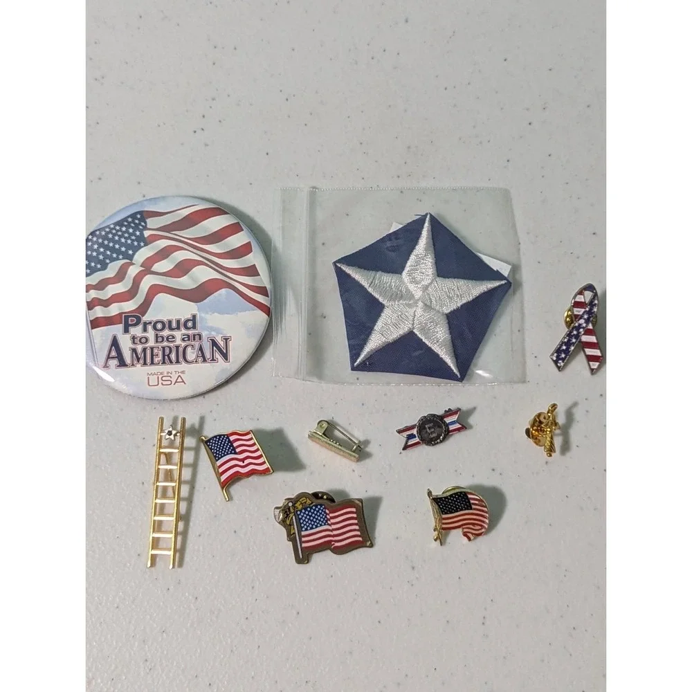 American Flag & Theme Buttons Lapel Pins Lot of 9 With 1 Patch